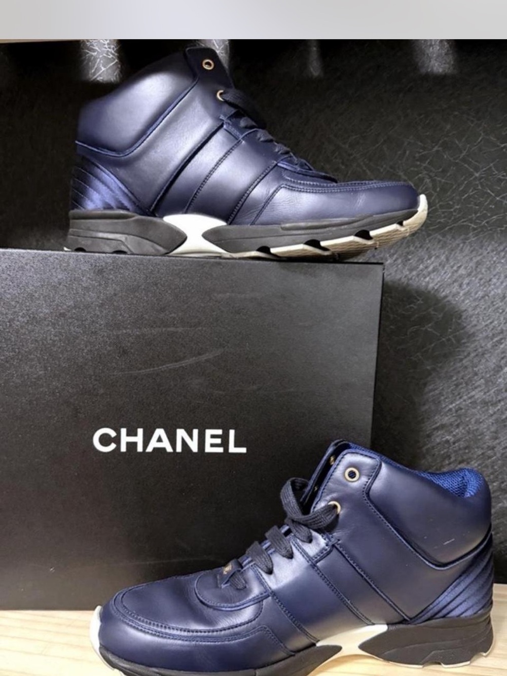 CHANEL Men's Navy Leather High-Top Trainer Sneakers